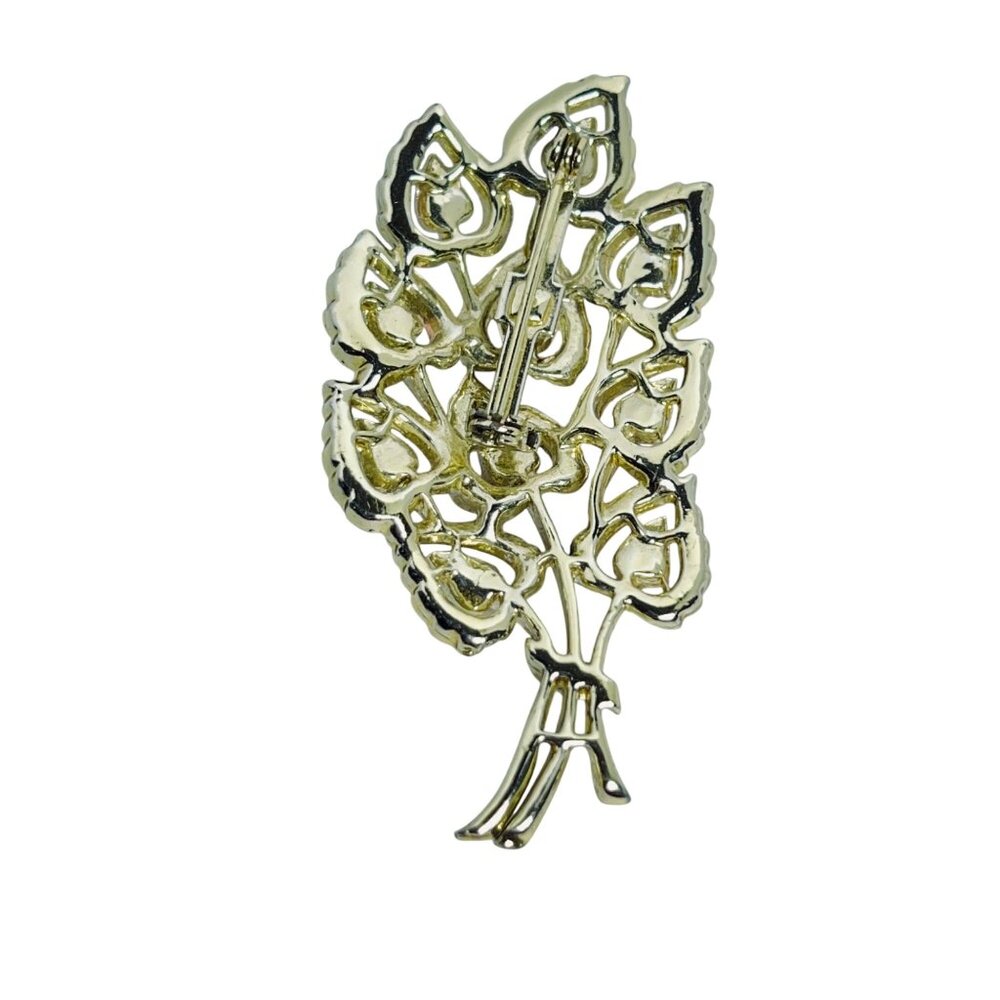 Gold Tone & Pink Enamel Bouquet Brooch W/ Matching Clip On Earrings Set (5750) - Picture 6 of 10